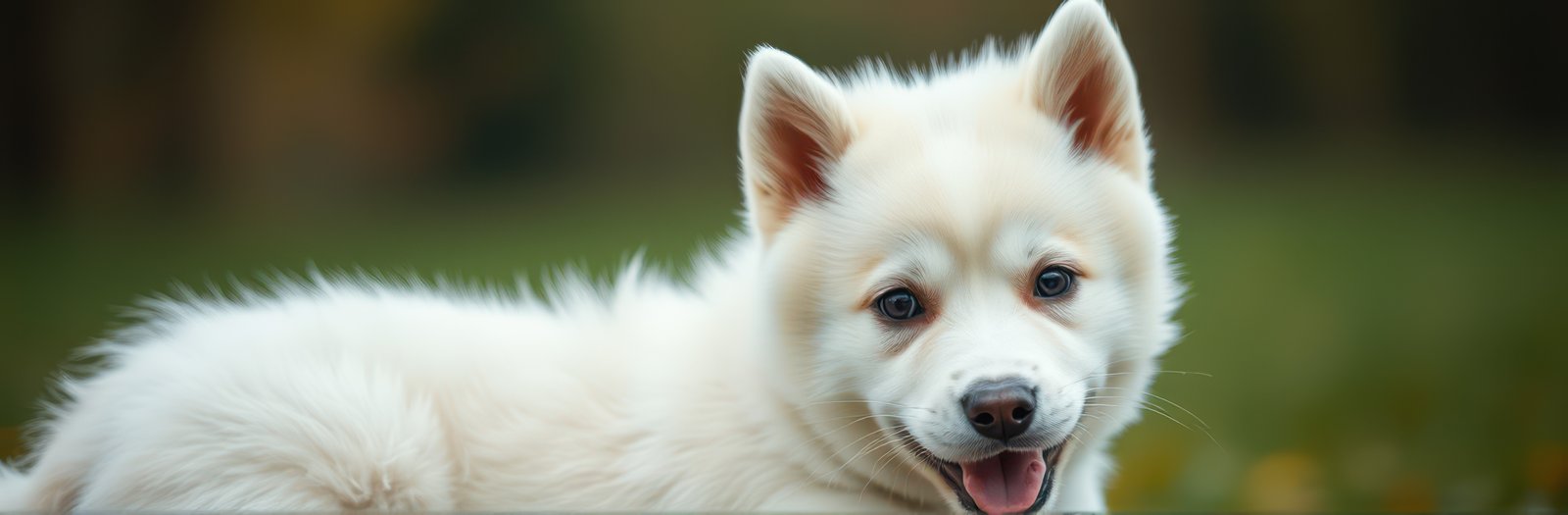 Cute and Playful White Puppy Portrait in a Lush Garden Setting on a Sunny Day